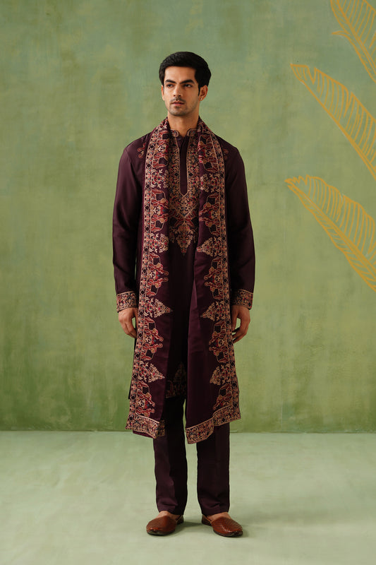 Dark Wine Elephanta Embroidery Kurta Set With Dupatta
