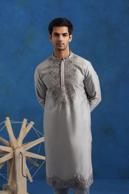 Ash Grey Embroidered Kurta Set