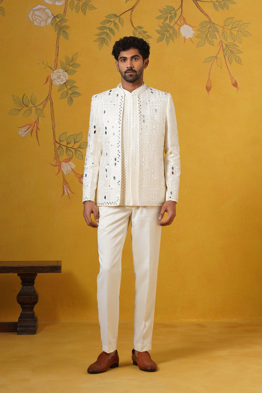 Cream Mirror Embroidery Jodhpuri Set