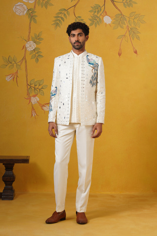 Cream Peacock Mirror Embroidery Jodhpuri Set