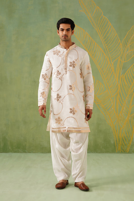 White Golden Petal Weave Kurta Patiyala Set