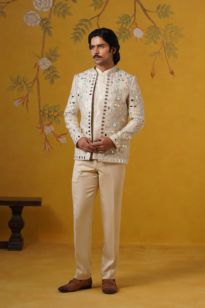 Beige Mirror Embroidery Jodhpuri Set