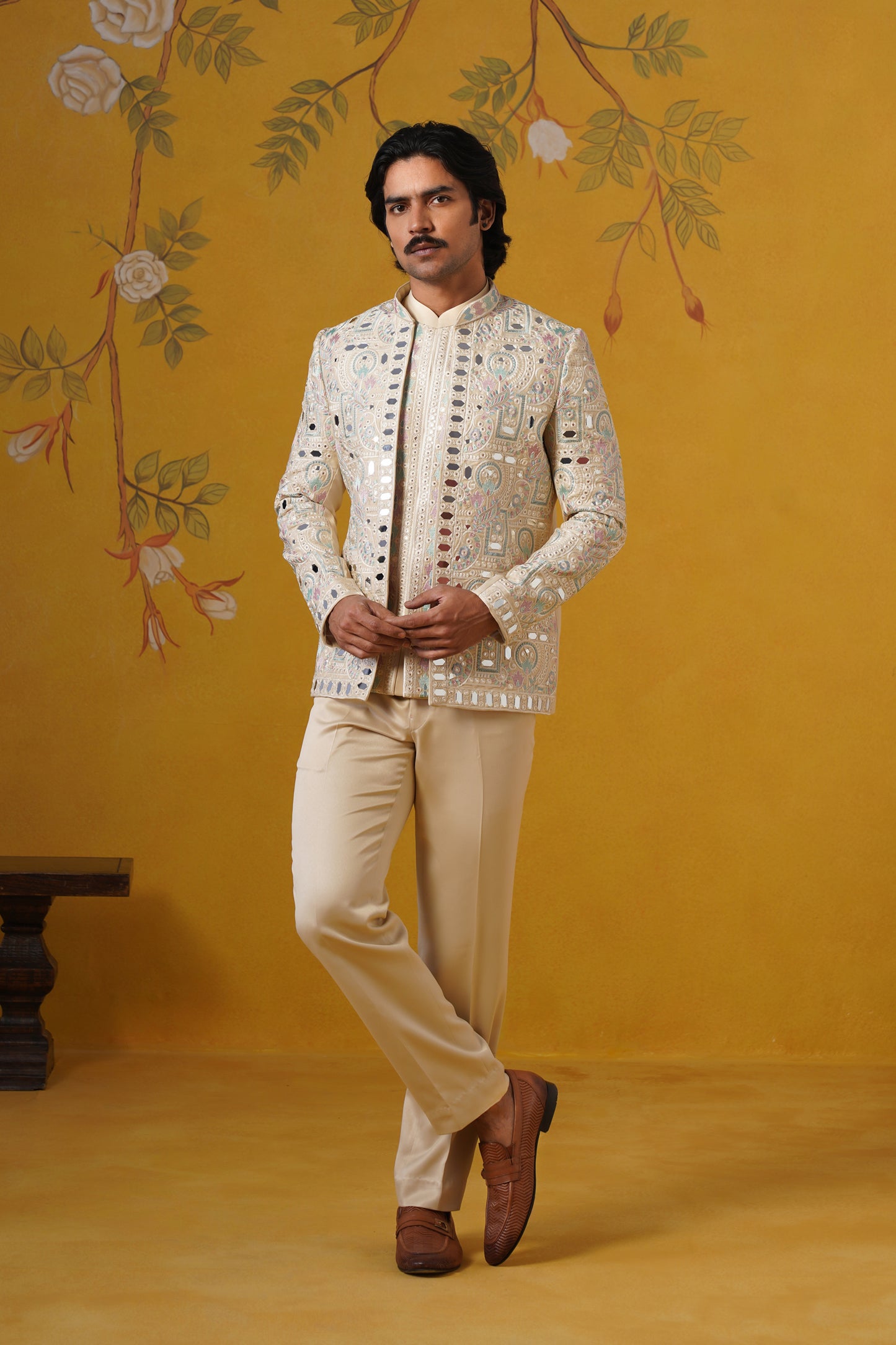 Beige Mirror Embroidery Jodhpuri Set