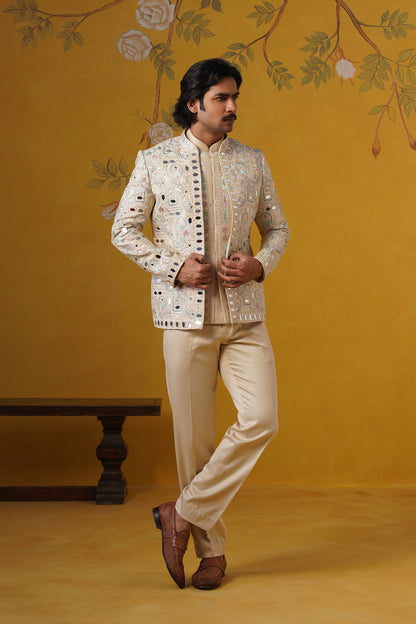 Beige Mirror Embroidery Jodhpuri Set