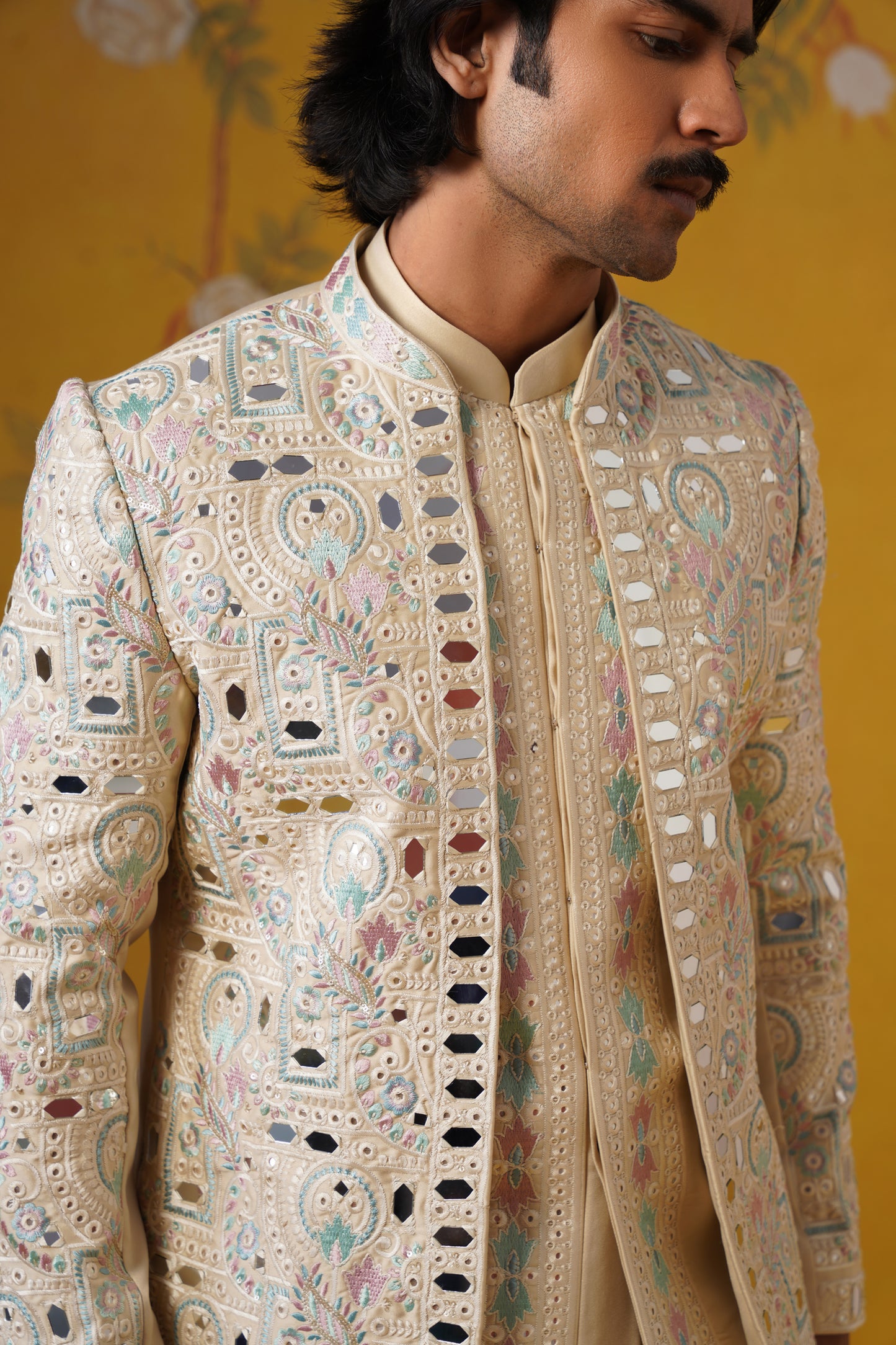 Beige Mirror Embroidery Jodhpuri Set