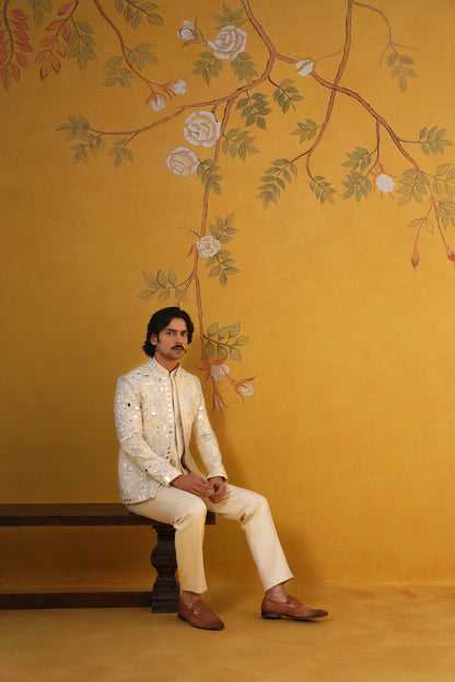 Beige Mirror Embroidery Jodhpuri Set