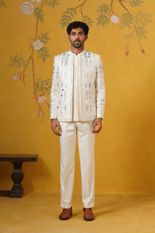 Cream Ikkat Mirror Embroidery Jodhpuri Set