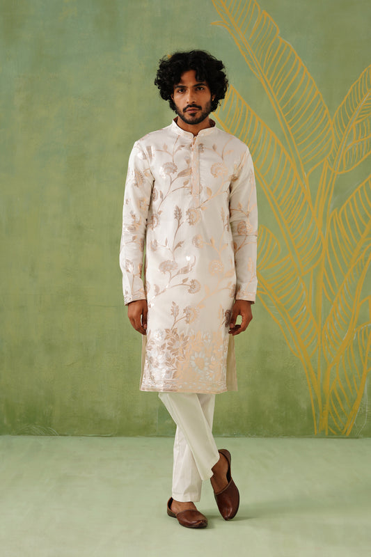 White Golden Silver Weave Kurta Patiyala Set