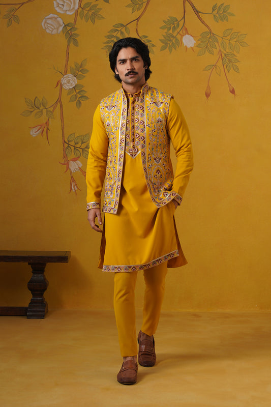 Yellow Embroidery Kurta Jacket Set