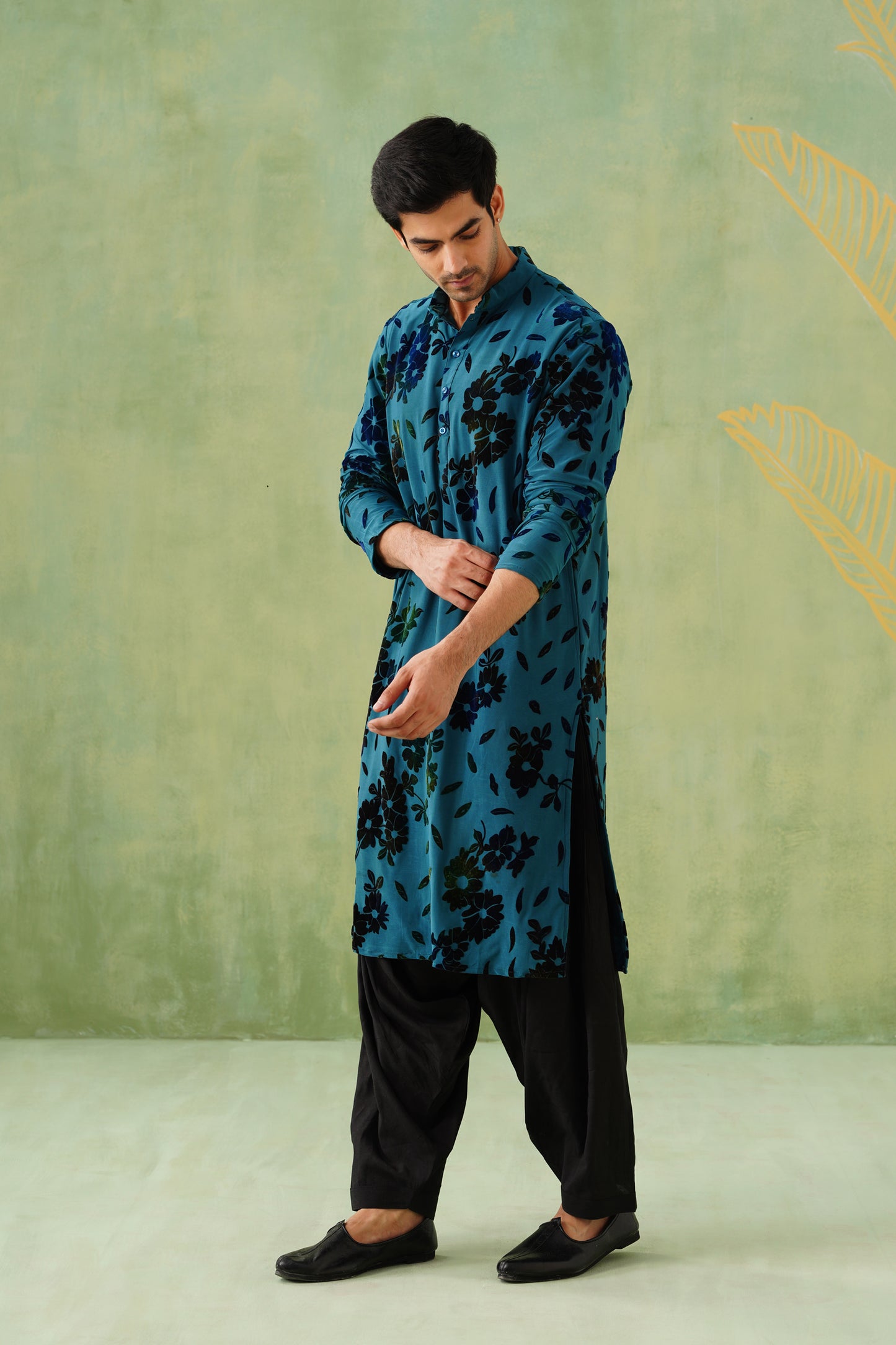 Teal Blue Velvet Brasso Lycra Kurta Patiyala Set