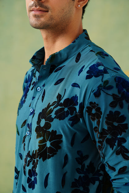 Teal Blue Velvet Brasso Lycra Kurta Patiyala Set