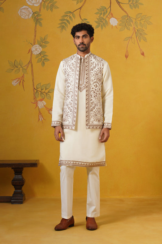 Cream Embroidery Kurta Jacket Set