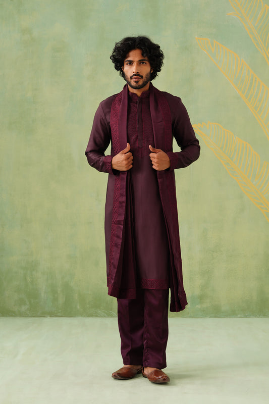 Wine Embroidery Kurta Set With Dupatta