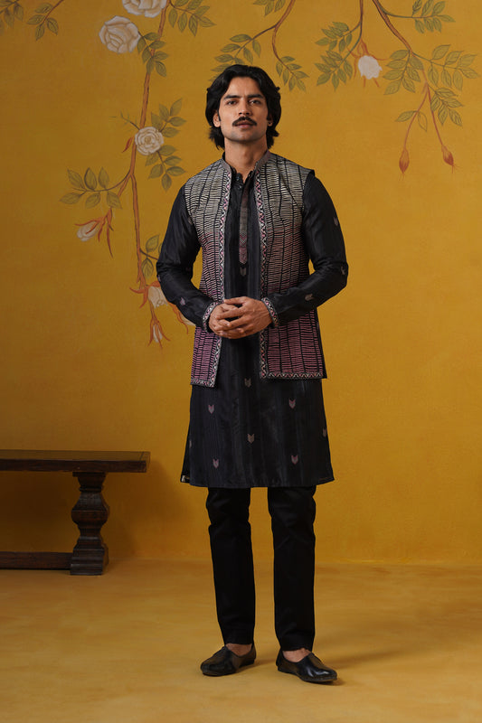 Black Ghicha Print Kurta Jacket Set