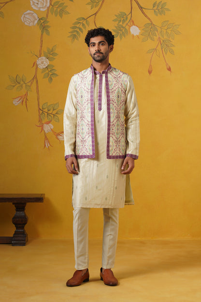 Pista Green Ghicha Print Kurta Jacket Set