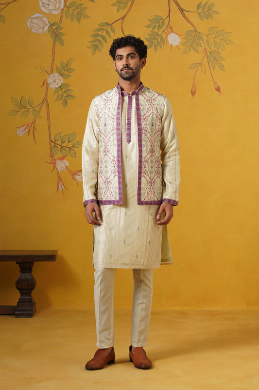 Pista Green Ghicha Print Kurta Jacket Set