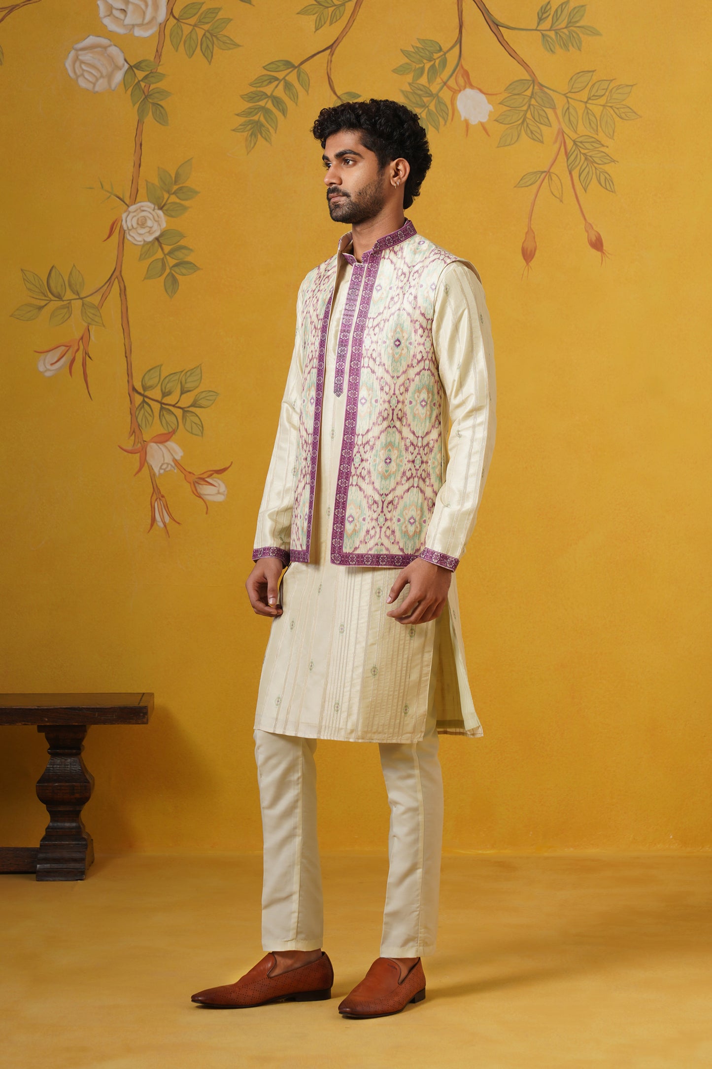 Pista Green Ghicha Print Kurta Jacket Set