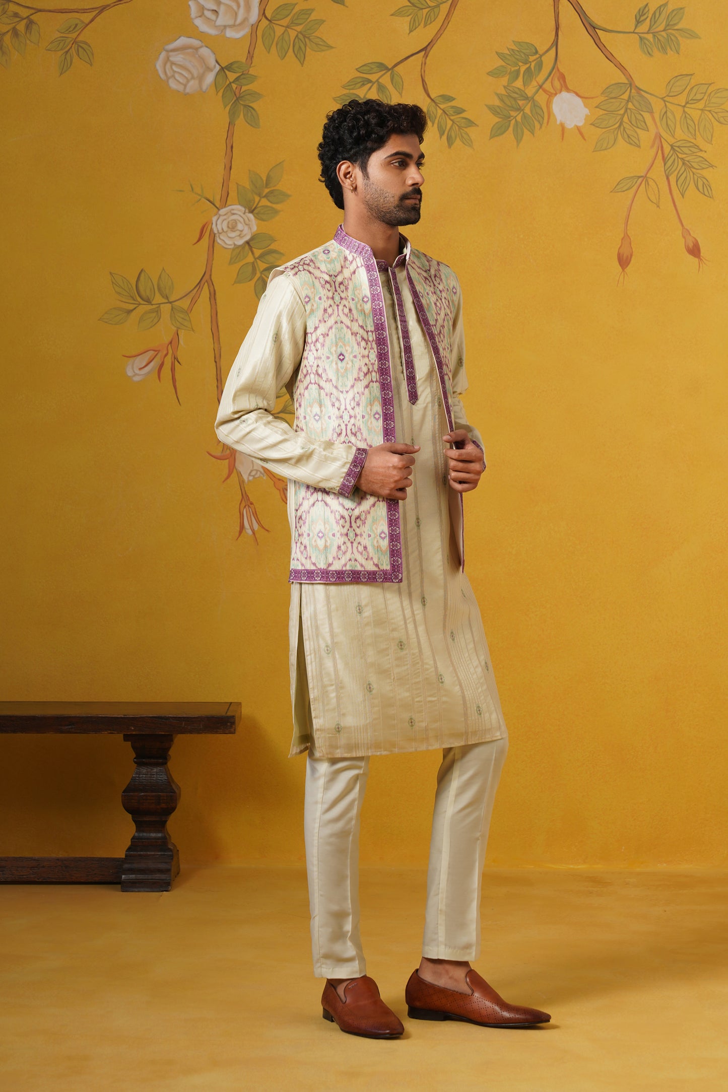 Pista Green Ghicha Print Kurta Jacket Set