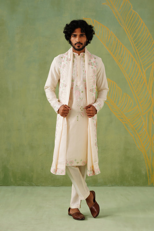 Cream Temple Embroidery Kurta Set With Dupatta