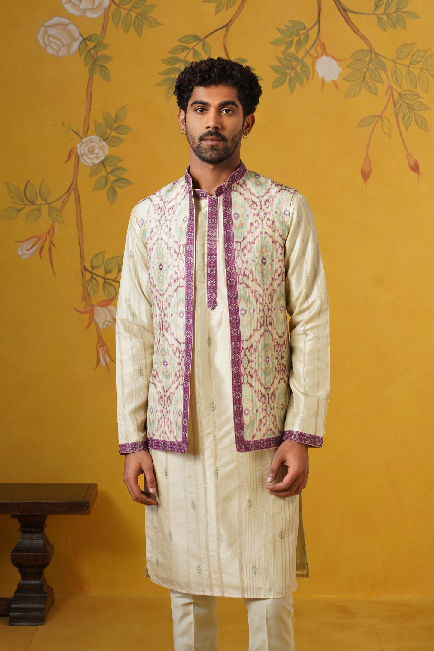 Pista Green Ghicha Print Kurta Jacket Set