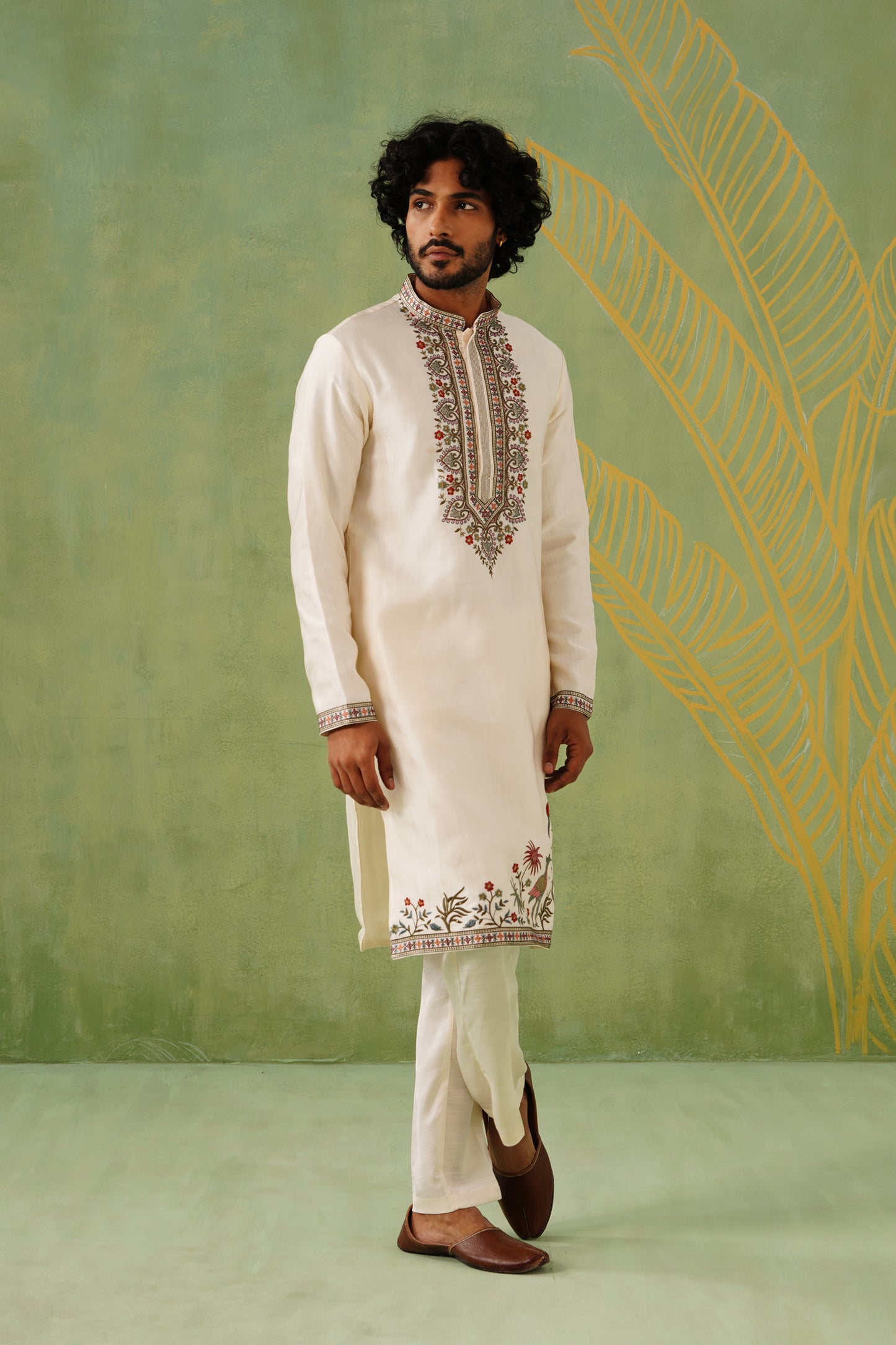 Cream Flamingo Embroidery Kurta Set