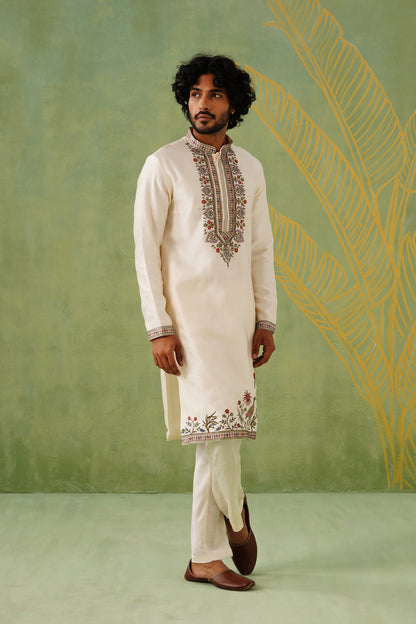 Cream Flamingo Embroidery Kurta Set