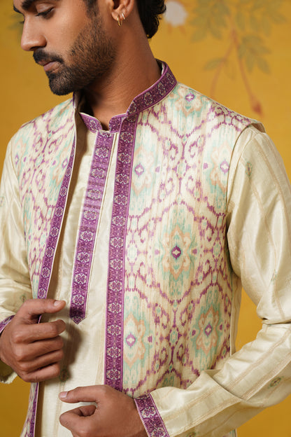 Pista Green Ghicha Print Kurta Jacket Set