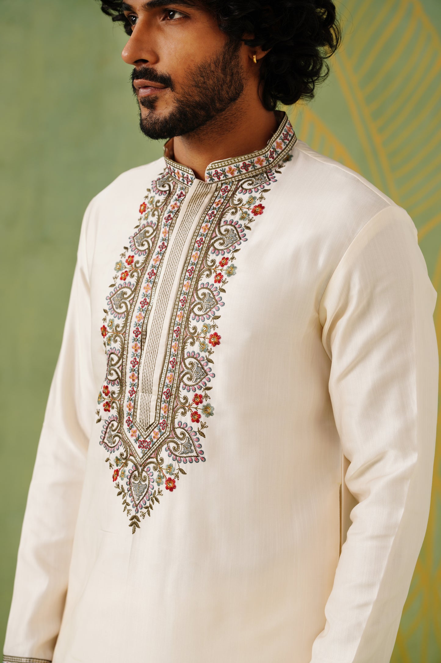 Cream Flamingo Embroidery Kurta Set