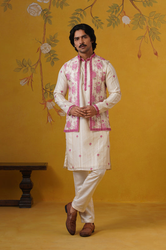 Cream Ghicha Print Kurta Jacket Set