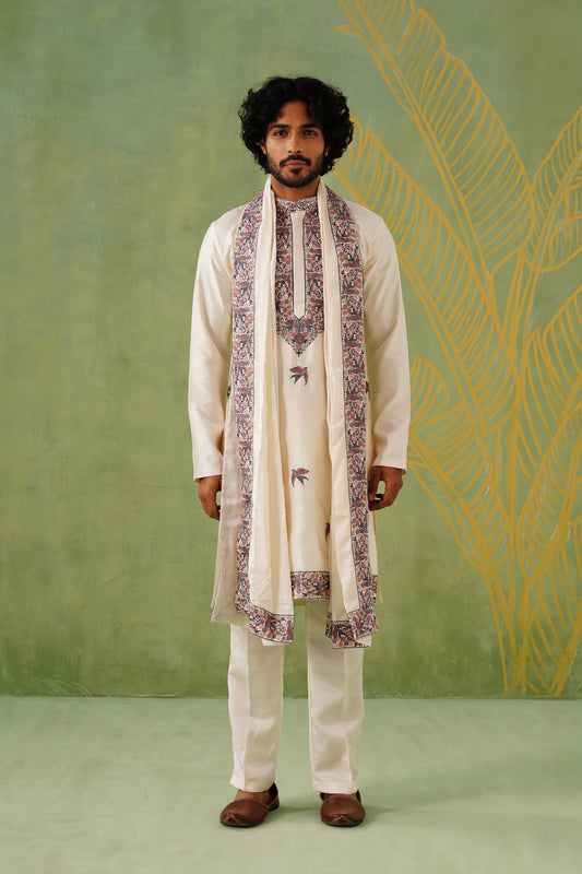 Cream Sparrow Embroidery Kurta Set With Dupatta