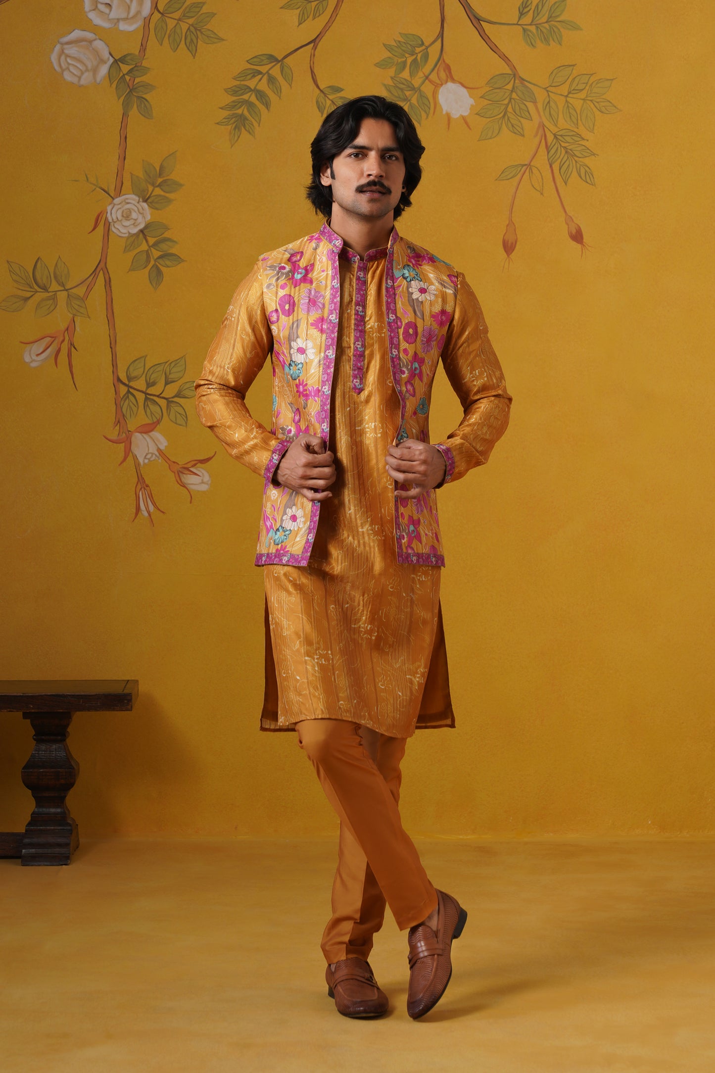 Mustard Ghicha Print Kurta Jacket Set
