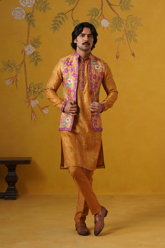 Mustard Ghicha Print Kurta Jacket Set