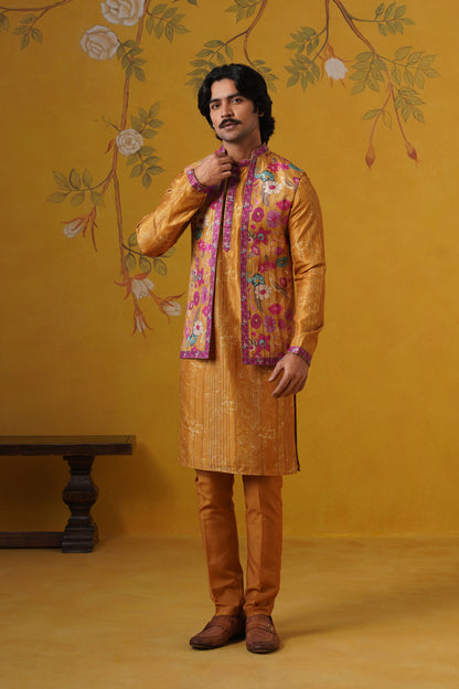 Mustard Ghicha Print Kurta Jacket Set