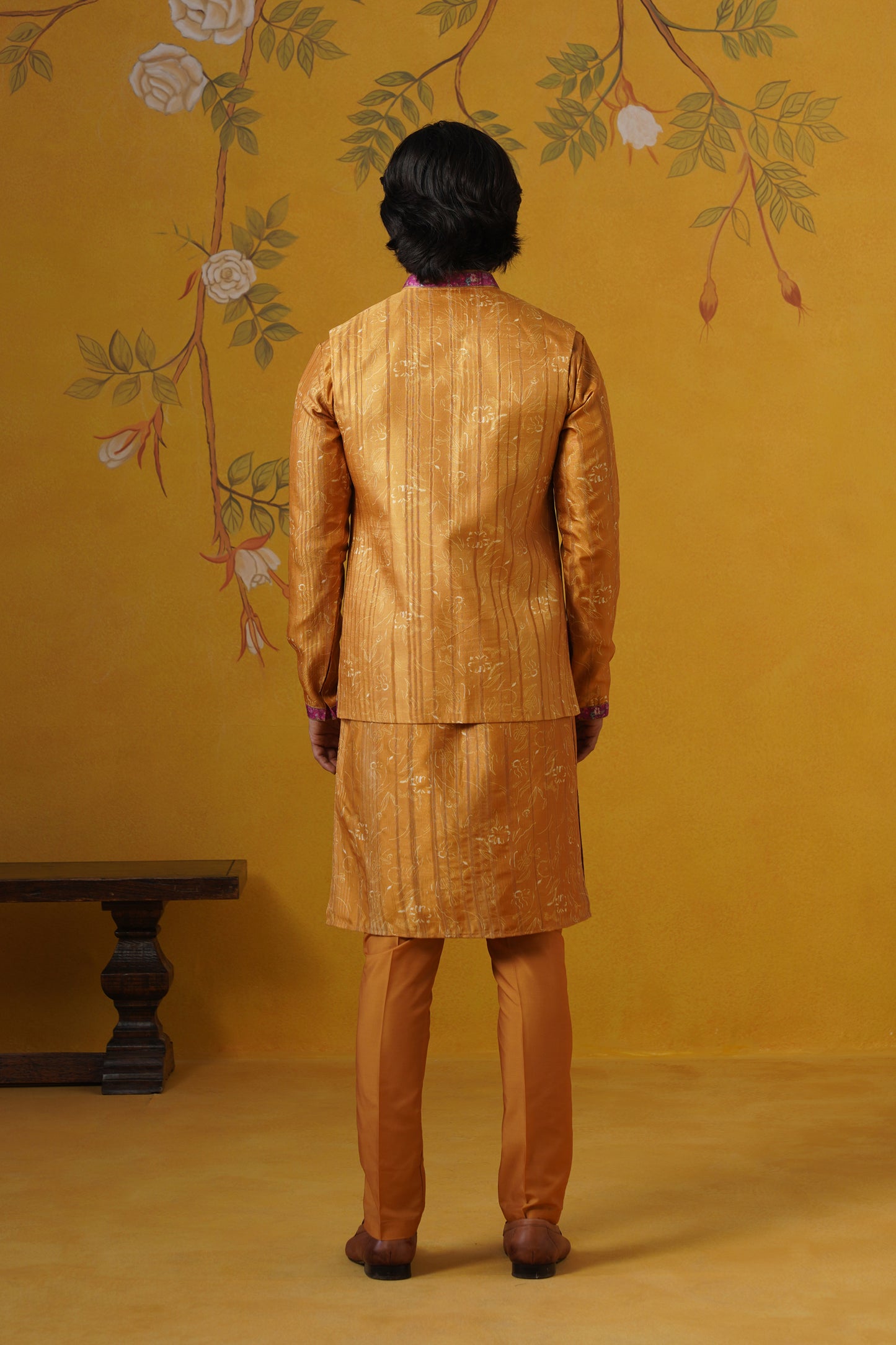 Mustard Ghicha Print Kurta Jacket Set
