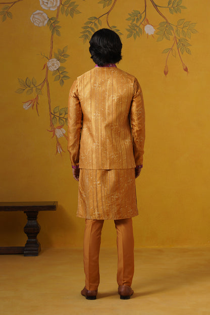 Mustard Ghicha Print Kurta Jacket Set