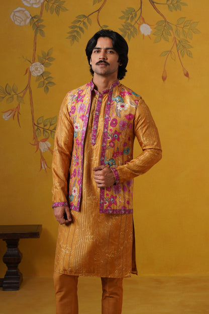 Mustard Ghicha Print Kurta Jacket Set