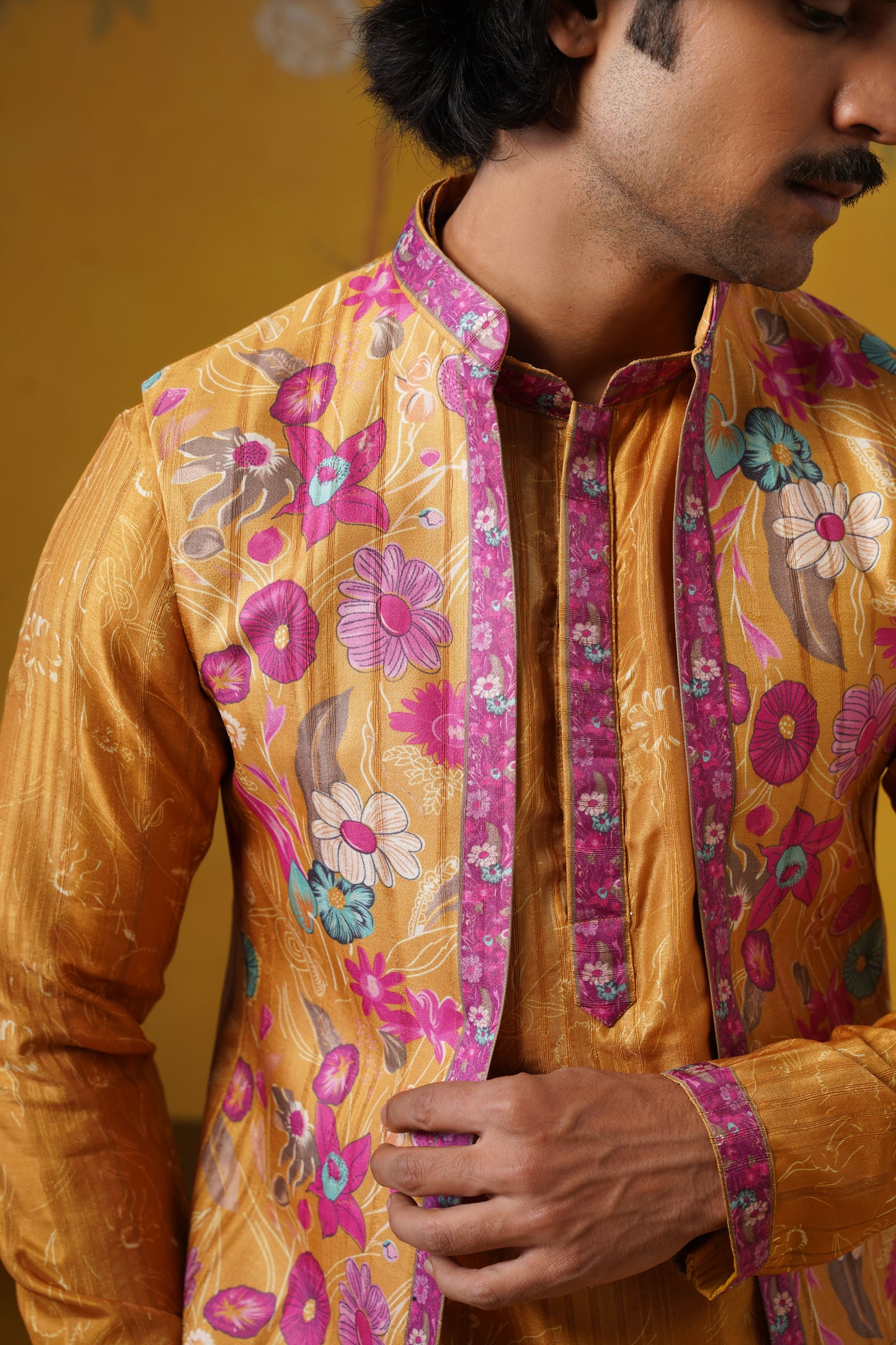 Mustard Ghicha Print Kurta Jacket Set