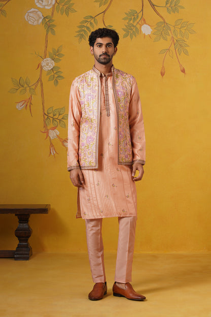 Peach Ghicha Print Kurta Jacket Set