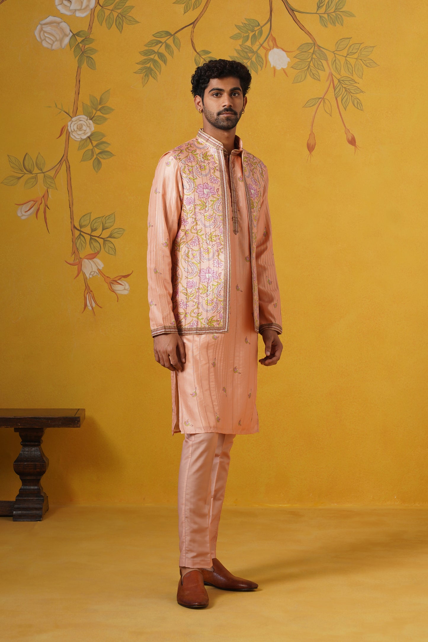 Peach Ghicha Print Kurta Jacket Set