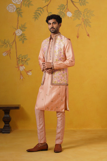 Peach Ghicha Print Kurta Jacket Set