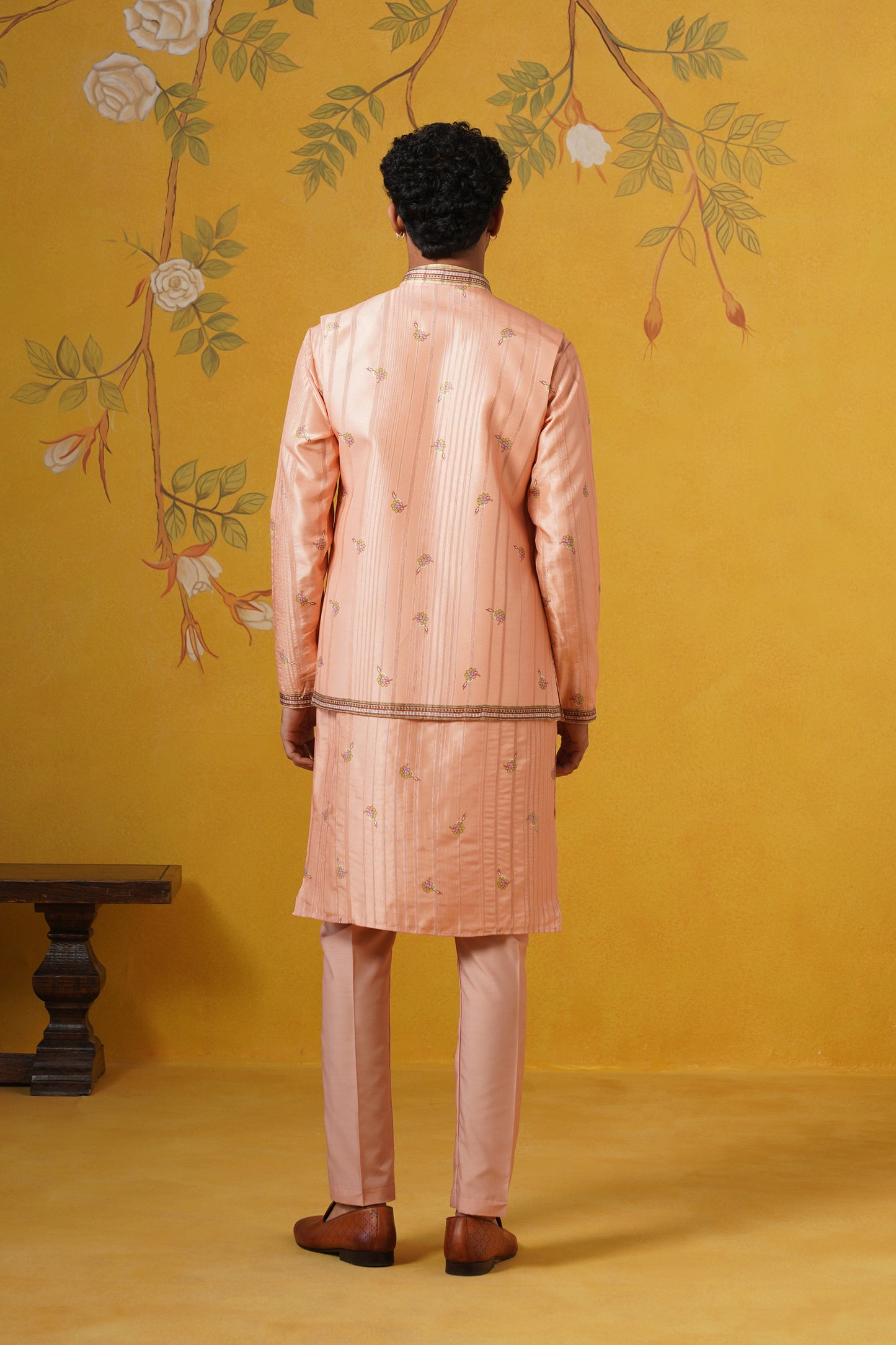 Peach Ghicha Print Kurta Jacket Set