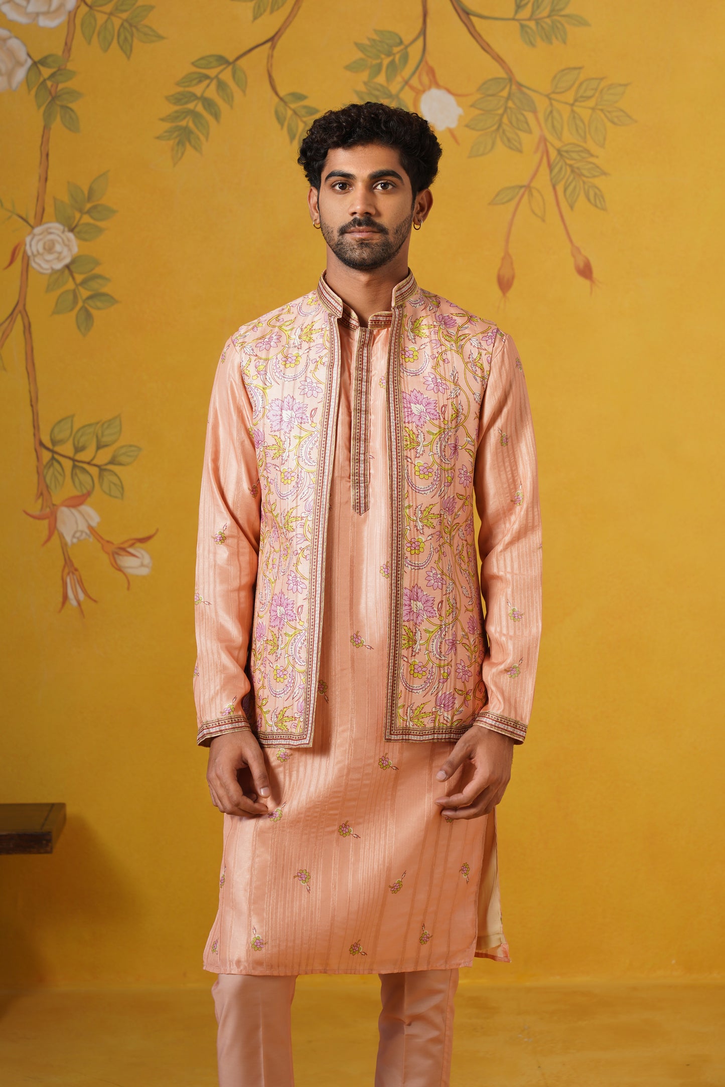 Peach Ghicha Print Kurta Jacket Set