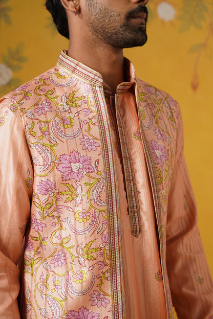 Peach Ghicha Print Kurta Jacket Set
