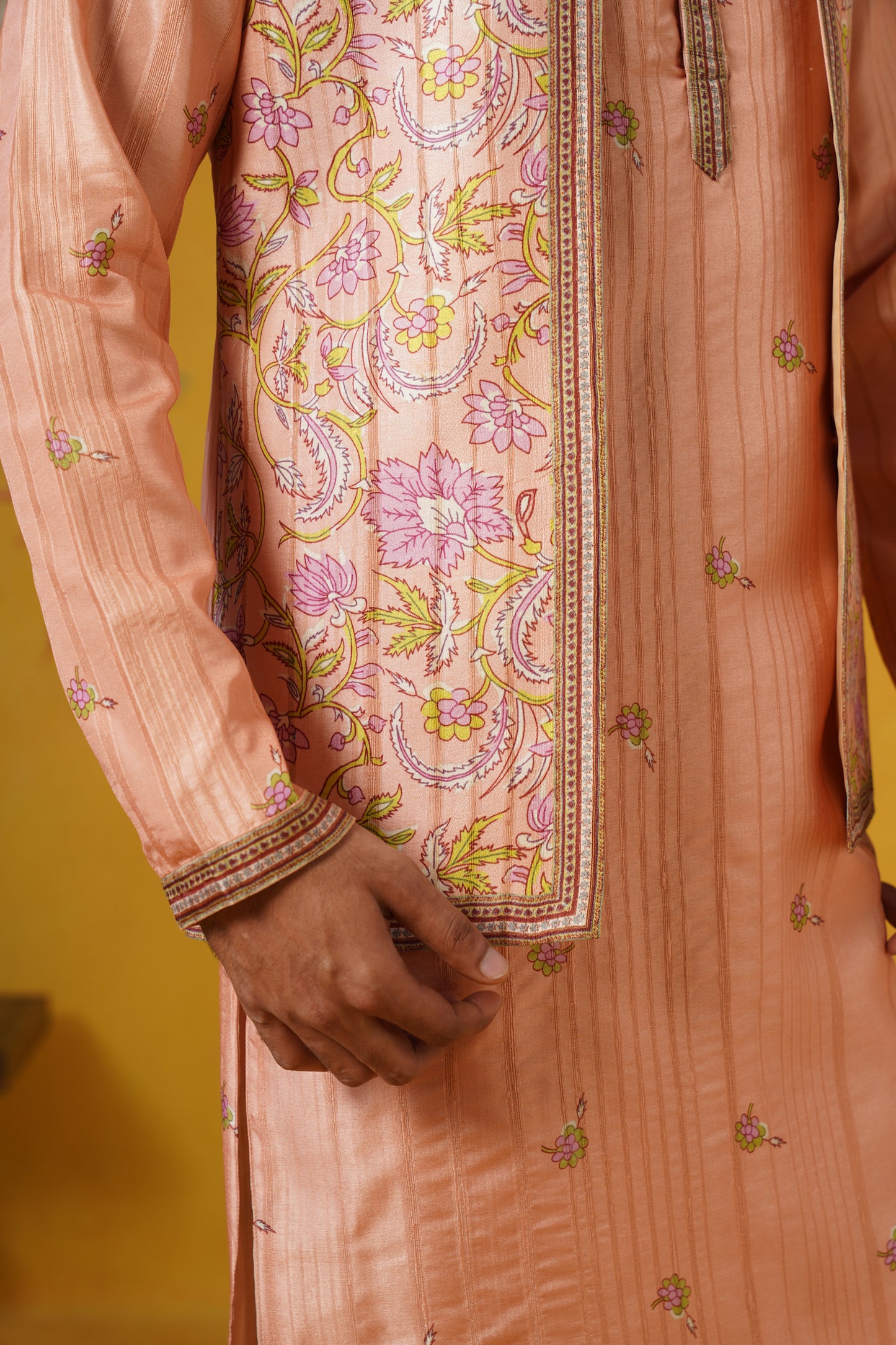 Peach Ghicha Print Kurta Jacket Set
