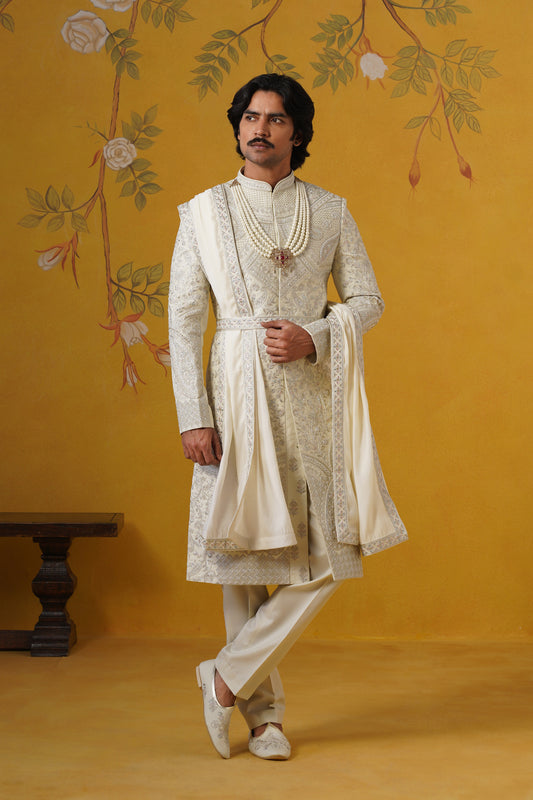 Light Sea Green Sherwani Set With Jooti And Belt
