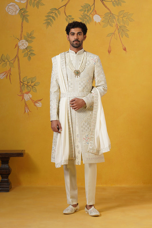 Light Sea Green Pastel Floral Sherwani Set With Jooti And Belt