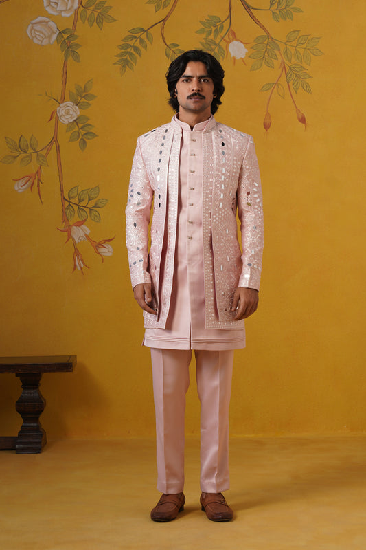 Light Pink Mirror Embroidery Indowestern Set