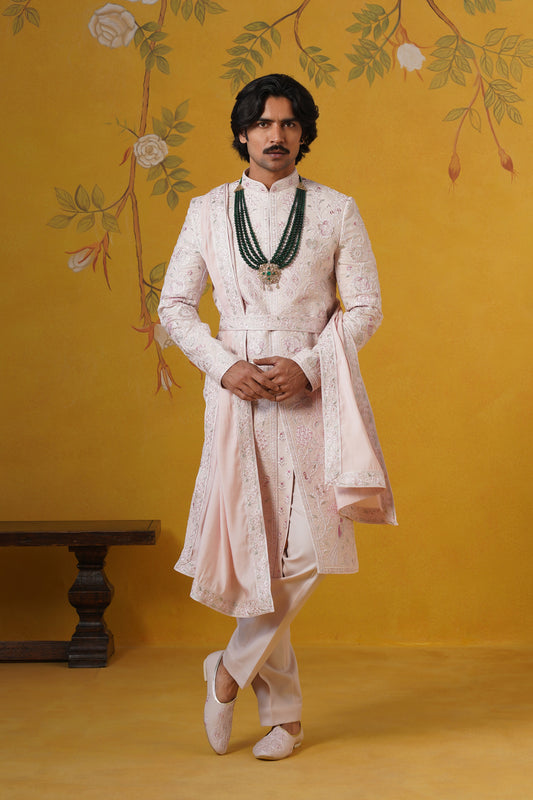 Light Pink Pastel Floral Sherwani Set With Jooti And Belt