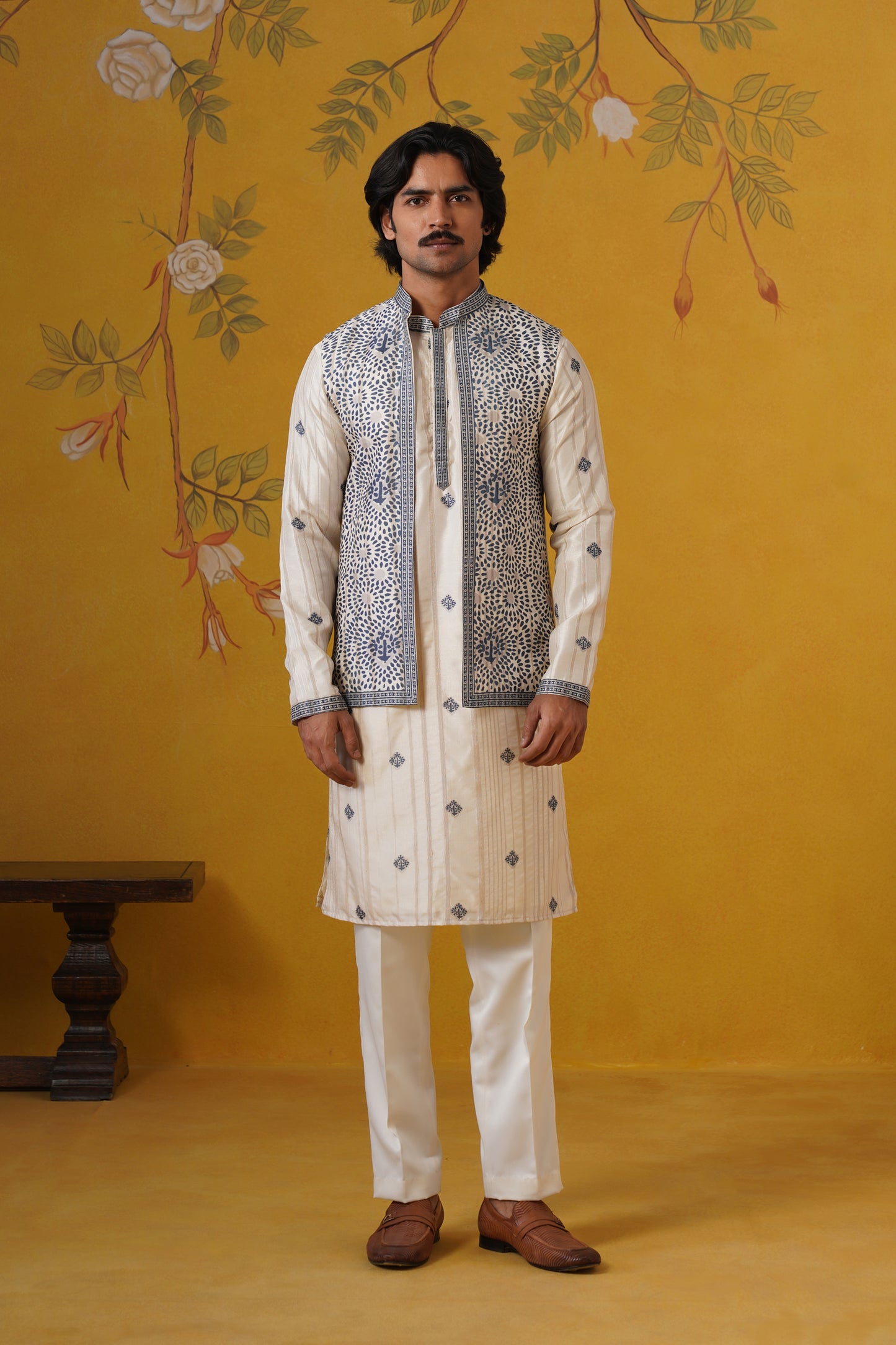 Cream Blue Ghicha Print Kurta Jacket Set