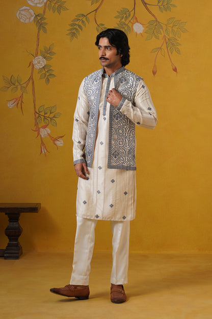 Cream Blue Ghicha Print Kurta Jacket Set
